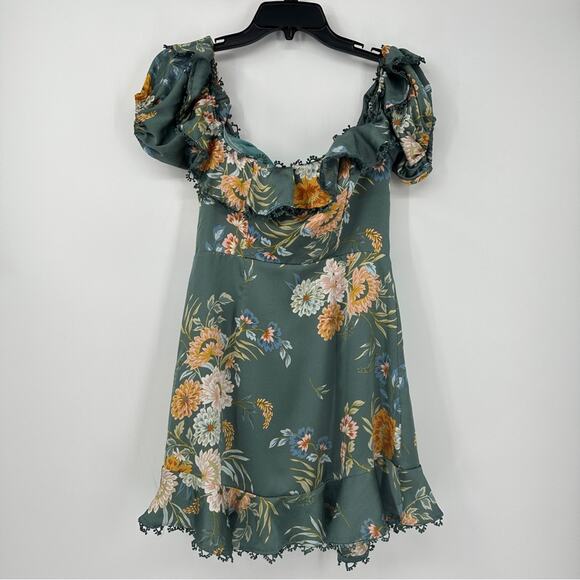 $11SALE!!! BOBBY BARDOT NECKLINE PUFF SLEEVE TEAL DRESS SIZE M - Picture 2 of 11